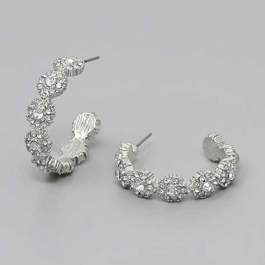 Flower Glass Stone Pave Hoop Earrings