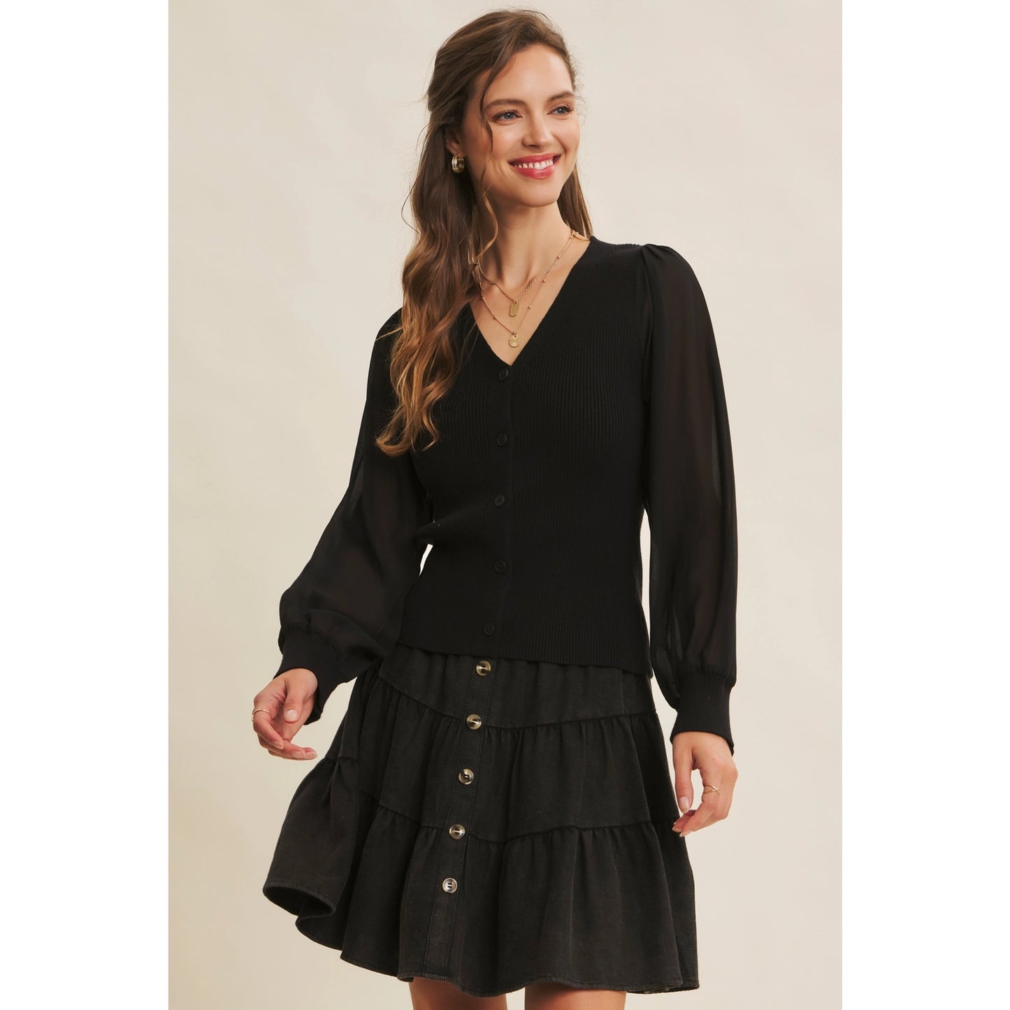 Ribbed Sweater Cardigan with Chiffon Sleeves