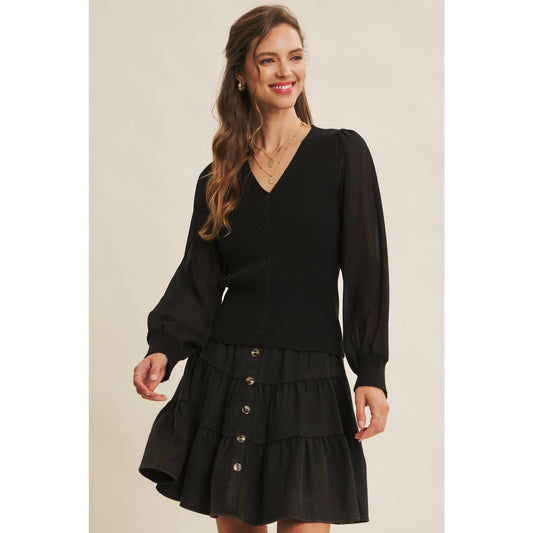 Ribbed Sweater Cardigan with Chiffon Sleeves