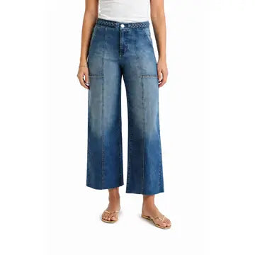 27" Cropped Wide Leg Jeans w/ Braided Waistband in Bolt