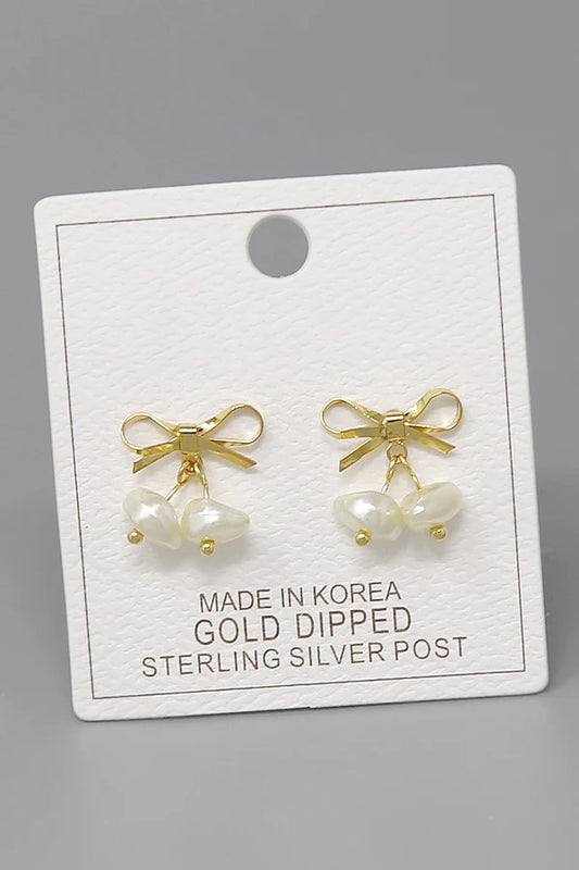 Bow Pearl Drop Gold Dipped Stud Earrings