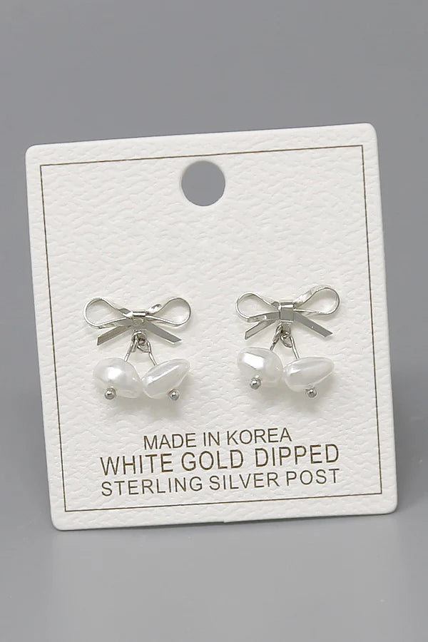 Bow Pearl Drop Gold Dipped Stud Earrings