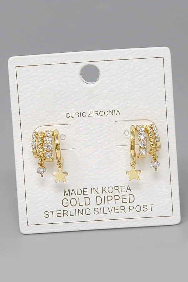 Star Charm CZ Pave Huggie Hoop Earrings