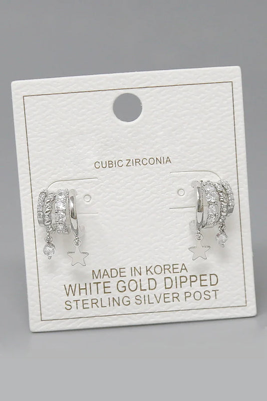 Star Charm CZ Pave Huggie Hoop Earrings