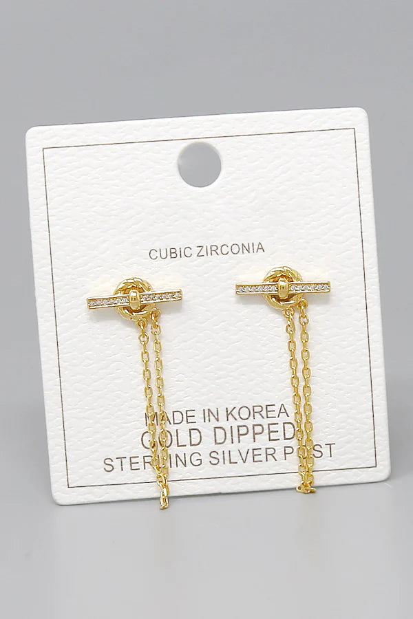 Chain Drape Gold Dipped CZ Pavé Bar & Knot Tassel Earrings