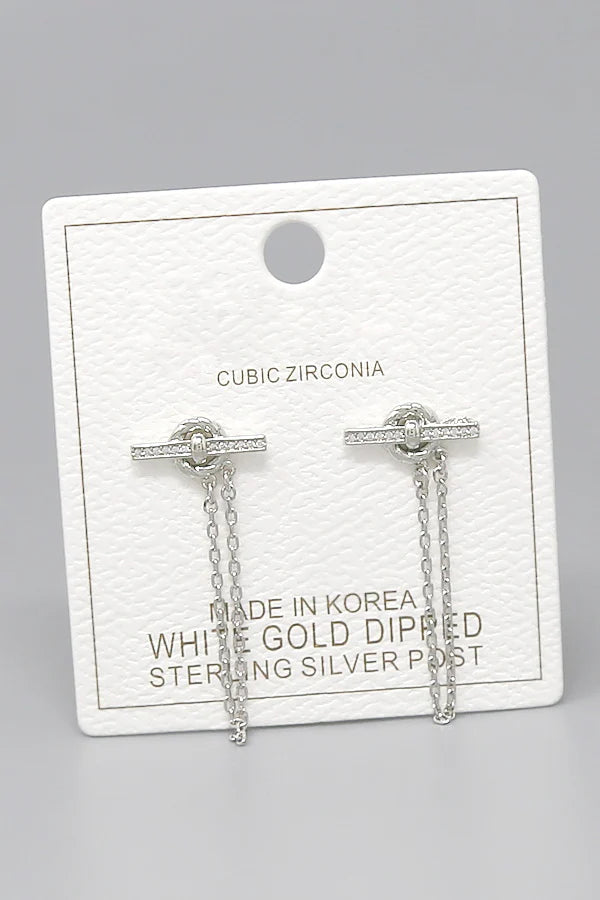 Chain Drape Gold Dipped CZ Pavé Bar & Knot Tassel Earrings