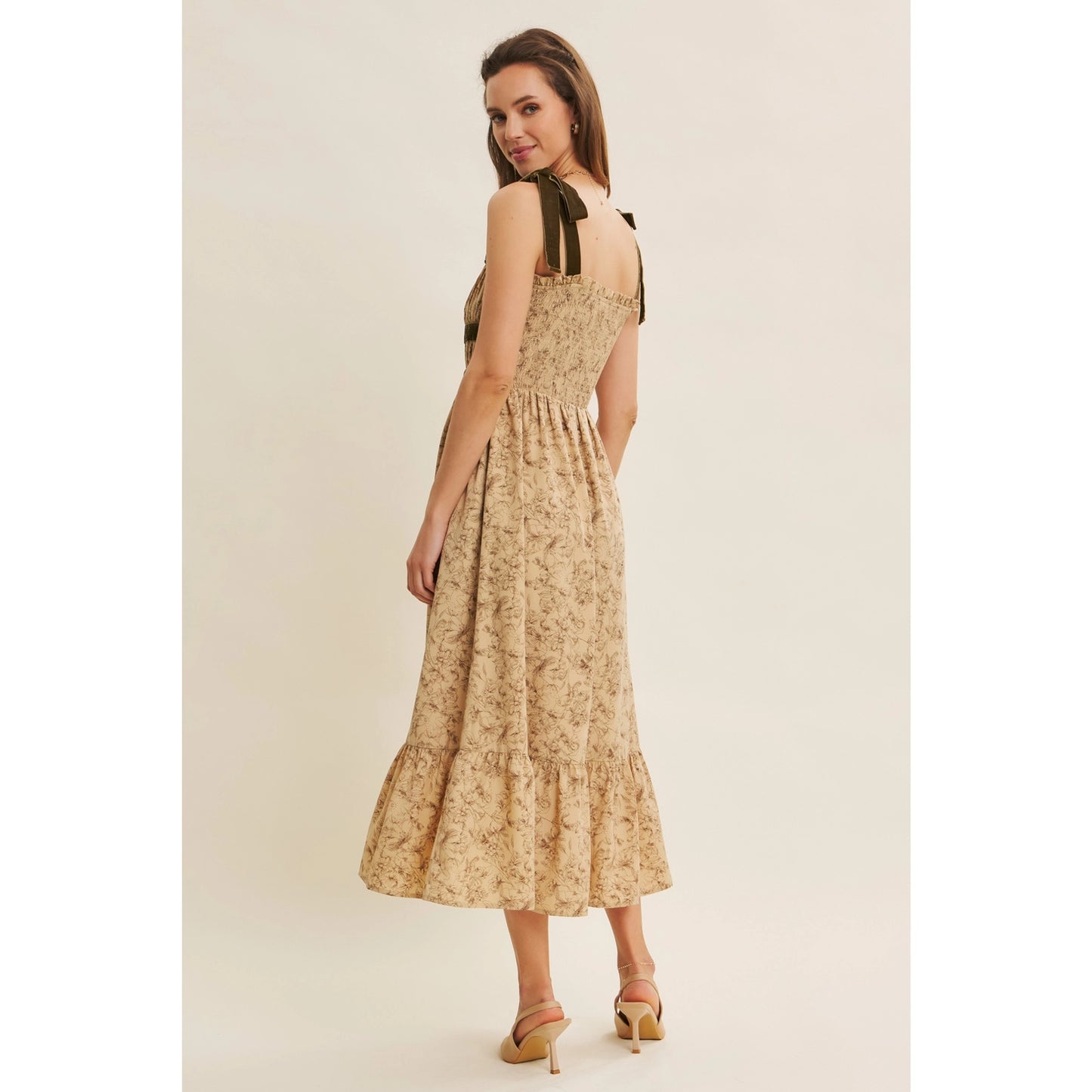Floral Midi Dress with Velvet Shoulder Ties