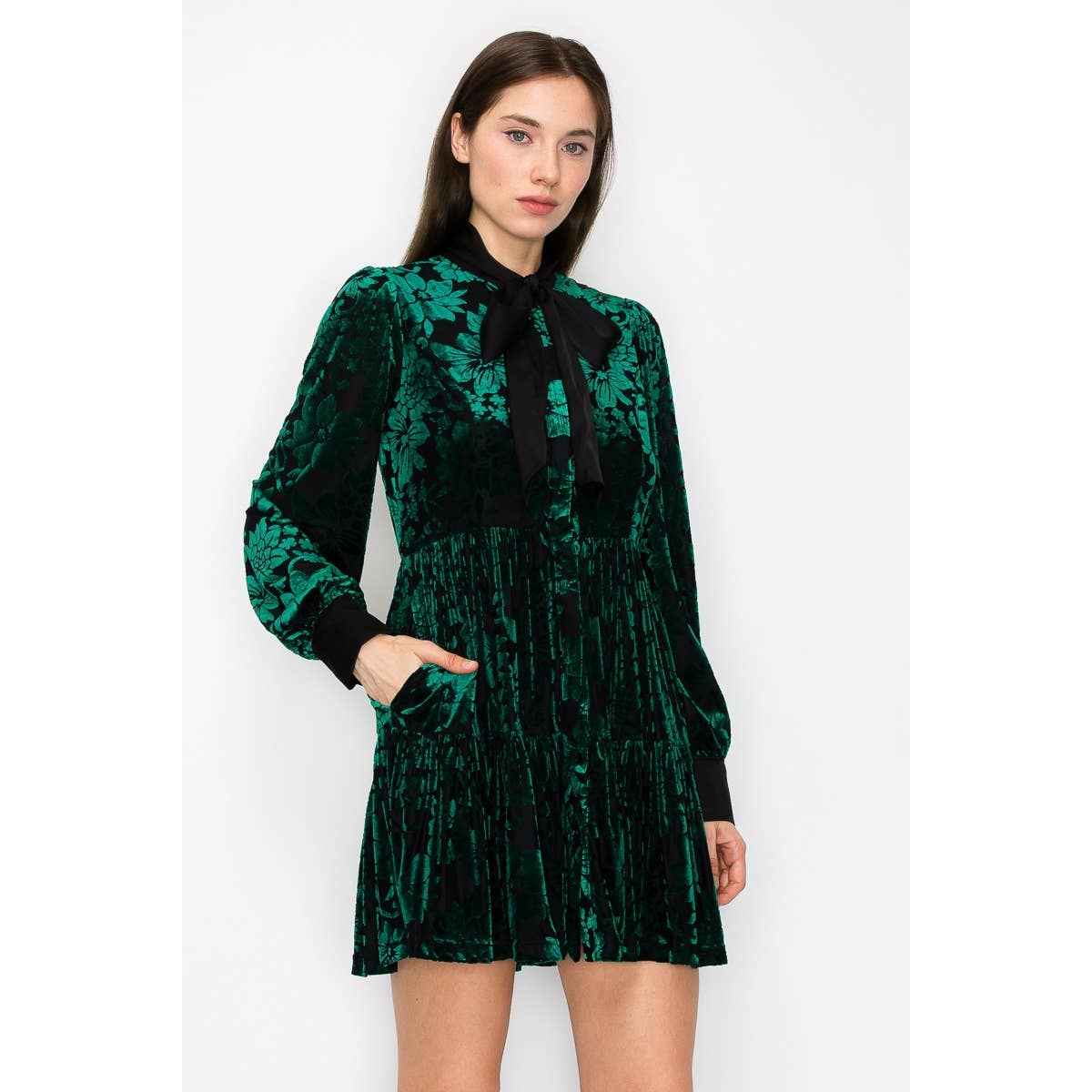 Velvet Flower Burnout Satin Tie Mini Dress