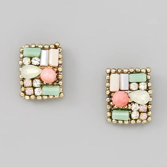 Glass Stone Cluster Rectangular Stud Earrings