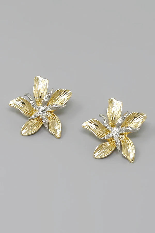 Two Tone Metal Flower Stud Earrings