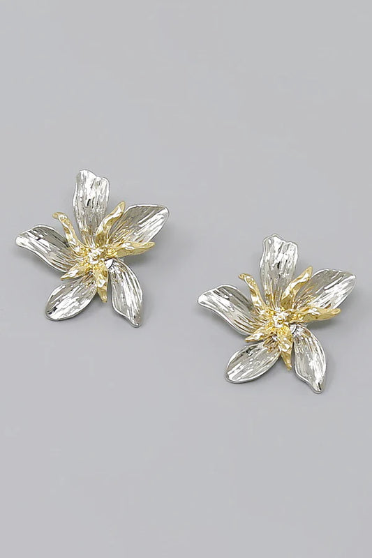Two Tone Metal Flower Stud Earrings