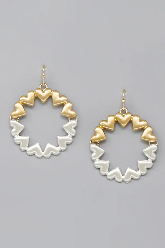 Heart Accented Two Tone Hoop Drop Earrings