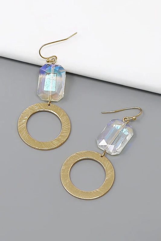 Rectangle Glass Stone Metal Hoop Dangle Earrings