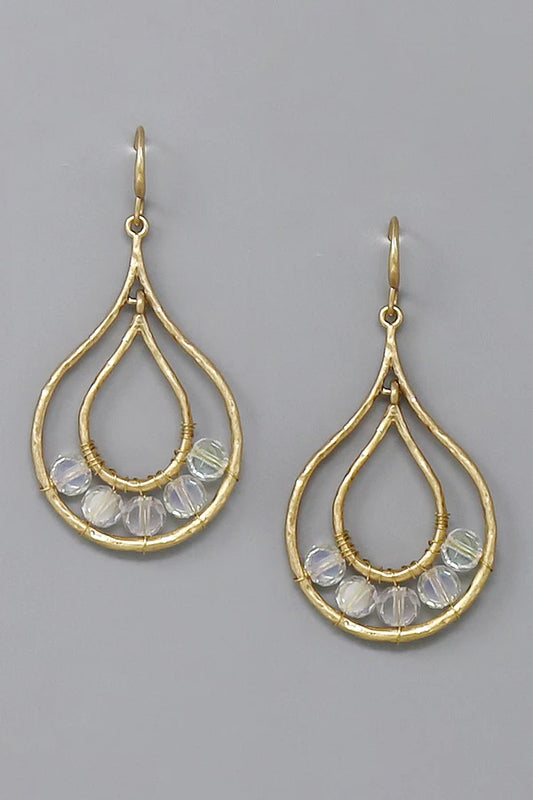 Flattened Glass Bead Metal Teardrop Earrings