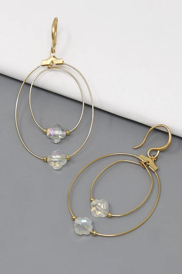 Clover Glass Stone Bead Oval Hoop Earrings