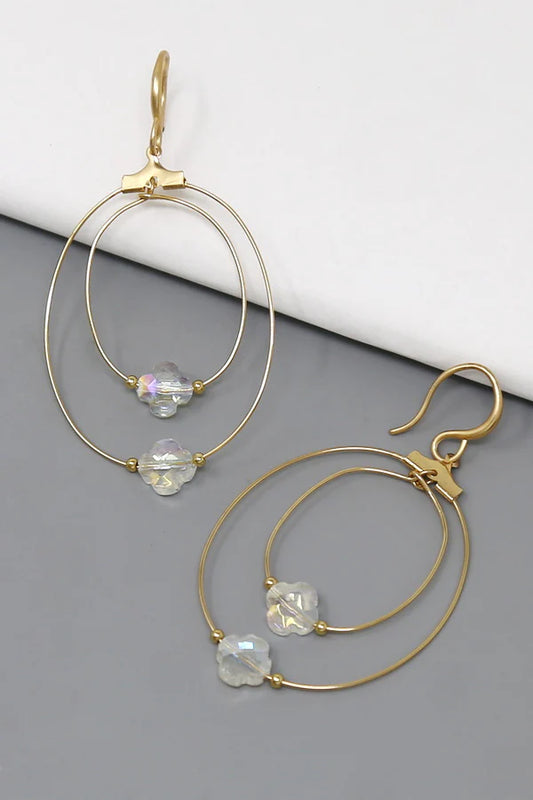 Clover Glass Stone Bead Oval Hoop Earrings