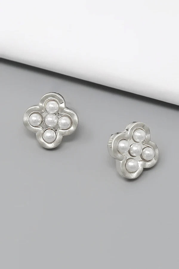 Pearl Embellished Clover Stud Earrings