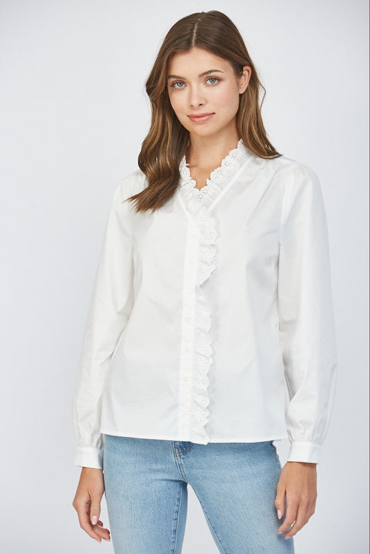 Off White Blouse with Eyelet Lace Front Placket
