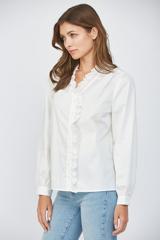 Off White Blouse with Eyelet Lace Front Placket