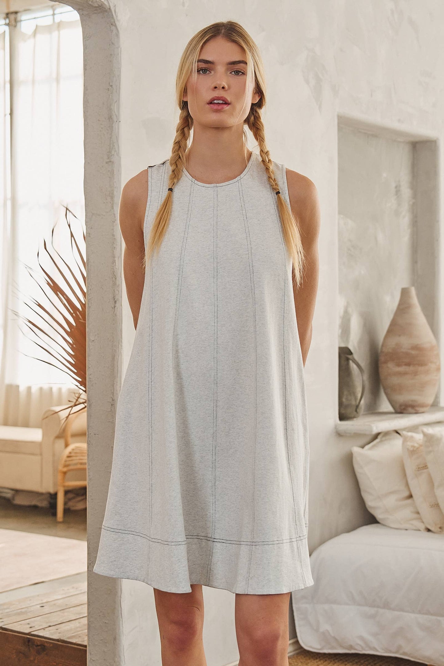 Contrast Stitch Swing Dress (S to 3X)