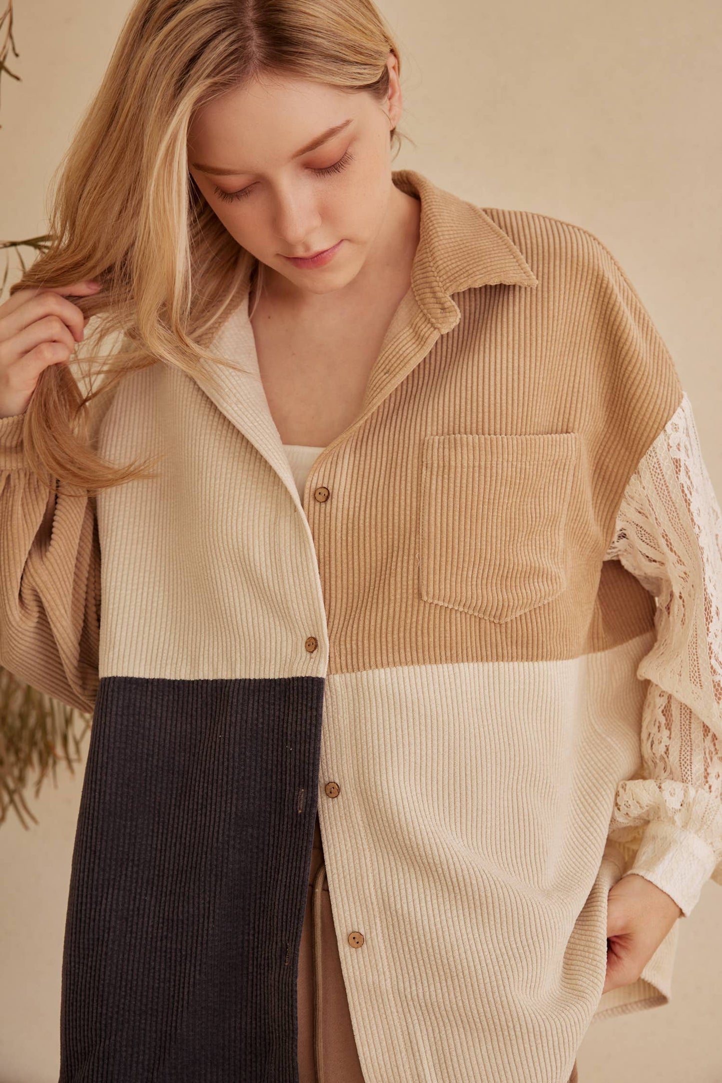 Color Block Corduroy Shirt with Lace Detail