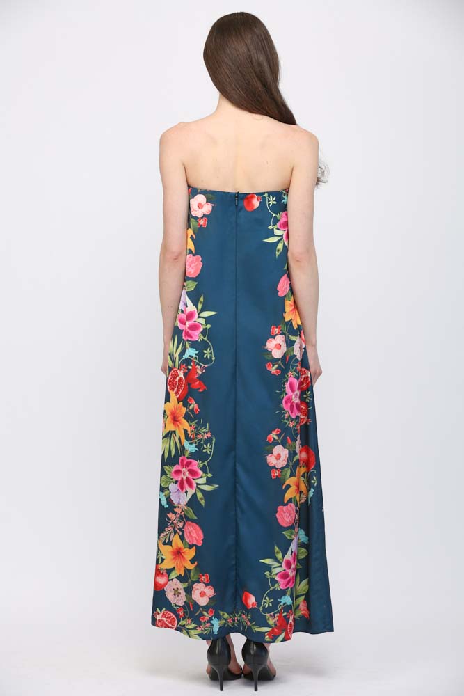 Satin Botanical Strapless Dress