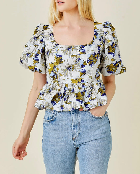 Cotton Floral Peplum Bow Blouse