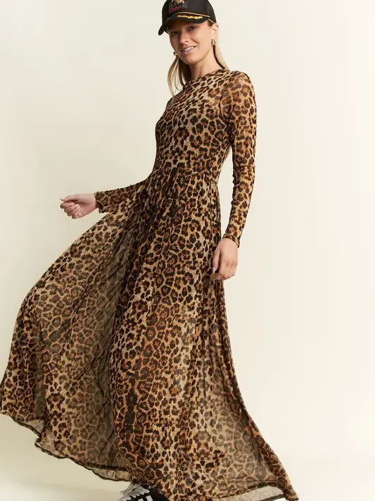 Long Sleeve Animal Print Mesh Maxi Dress