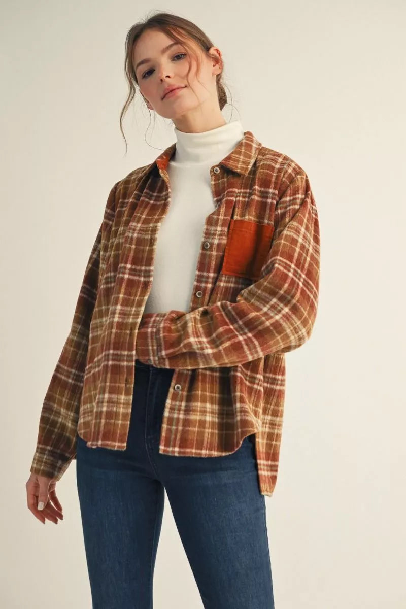 Long Sleeve Plaid Top with Corduroy Contrast