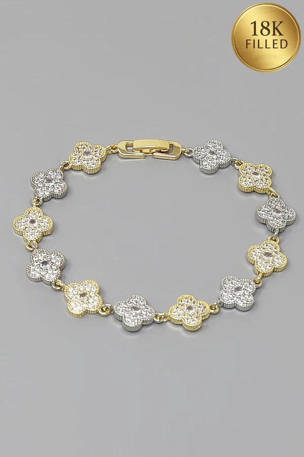 Two-Tone Pave Clover Link 18K Gold Filled Bracelet