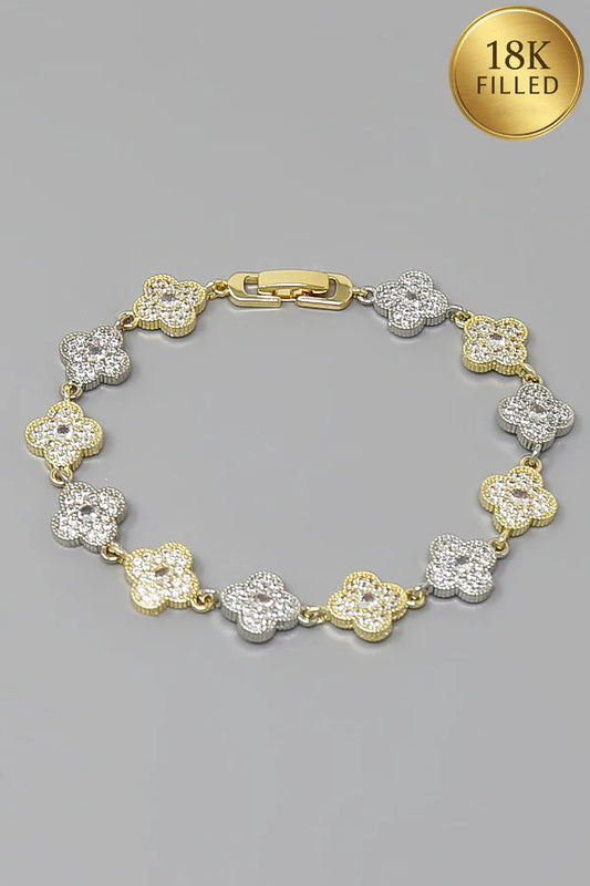 Two-Tone Pave Clover Link 18K Gold Filled Bracelet