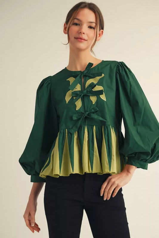 Balloon Sleeve Peplum Top with Front Bows
