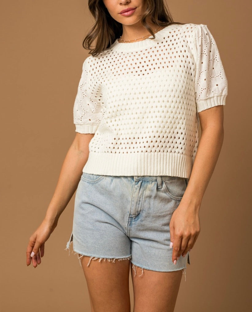 Short Sleeved Eyelet Sweater