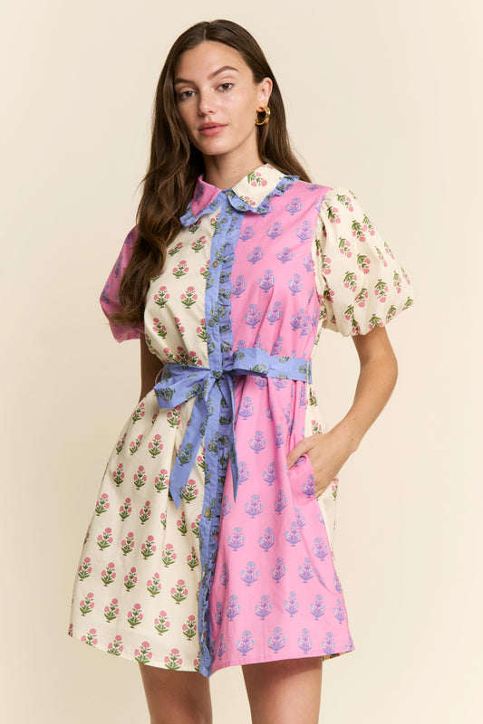 Colorblock Ruffle Detailed Collar Shirtdress(S to 3X)
