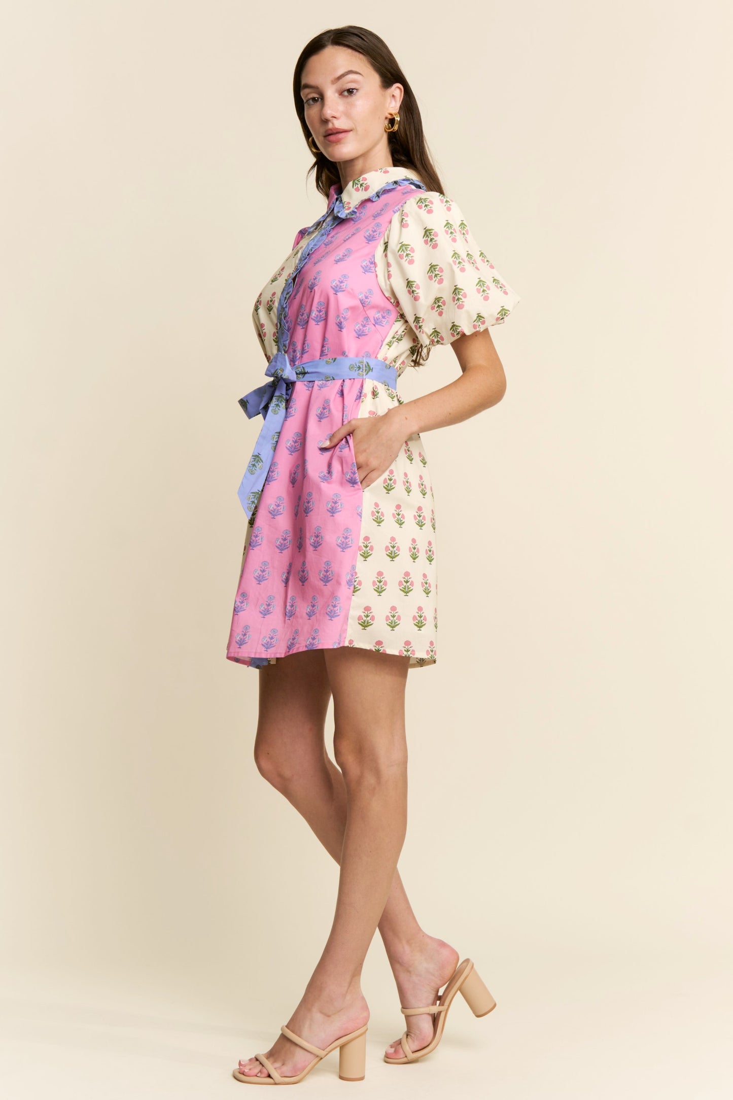 Colorblock Ruffle Detailed Collar Shirtdress(S to 3X)