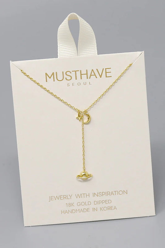 Planet And Moon Chain Drop Gold Dipped Necklace