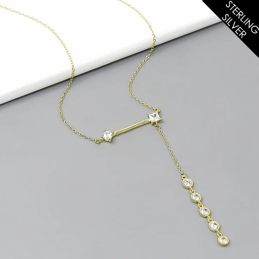 CZ Embellished Bar Chain Drop Pendant Sterling Silver Short Necklace