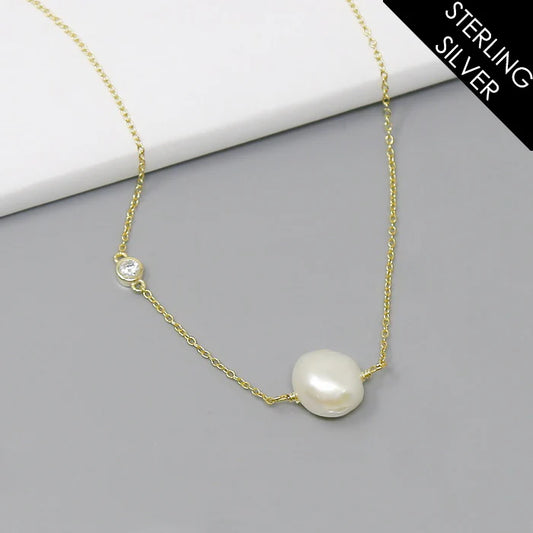 Floating CZ Stone & Pearl Pendant Sterling Silver Short Necklace