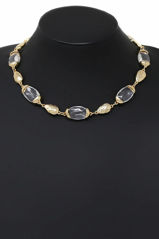 Clear Crystal Stone Hammered Metal Bead Short Necklace