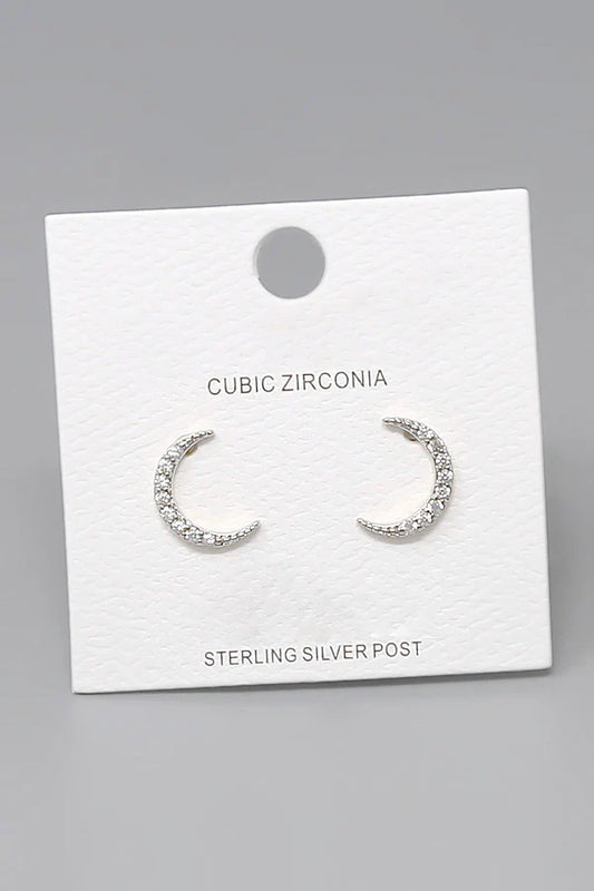 CZ Pave Crescent Moon Gold Dipped Stud Earrings