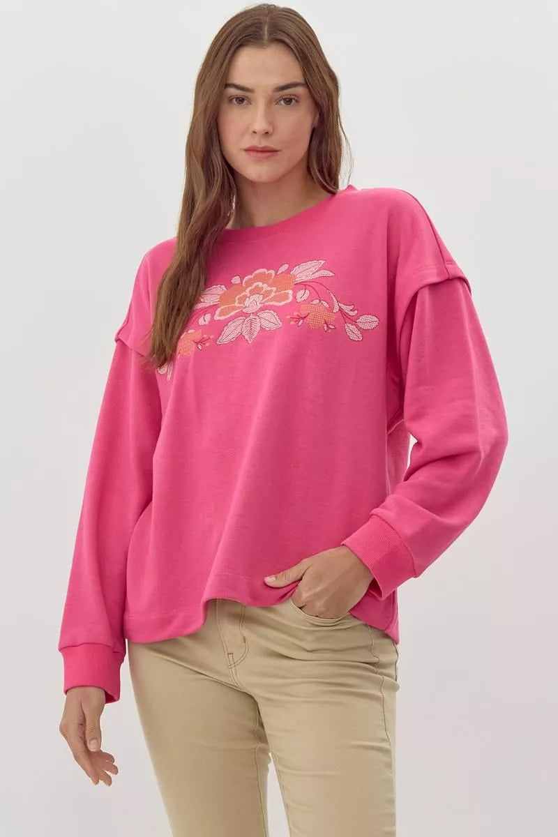 Pink Floral Embroidered Sweatshirt