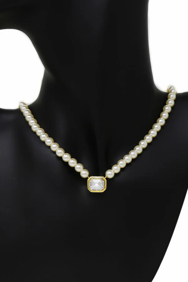 Emerald Cut CZ Stone Pendant Pearl Beaded Short Necklace