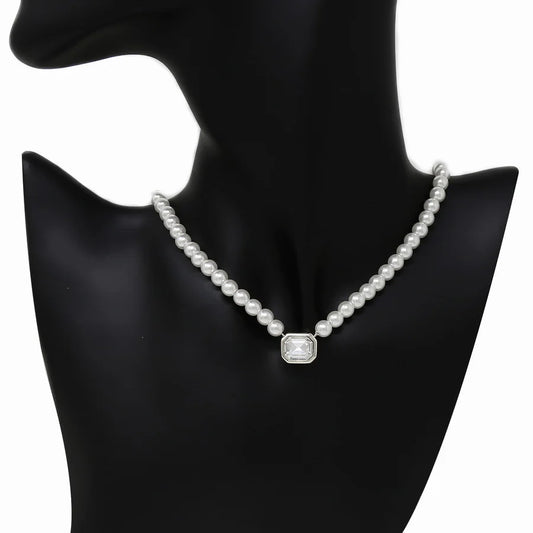 Emerald Cut CZ Stone Pendant Pearl Beaded Short Necklace