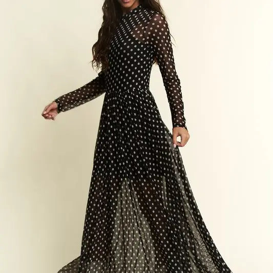 Polka Dot Print Mesh Maxi Dress