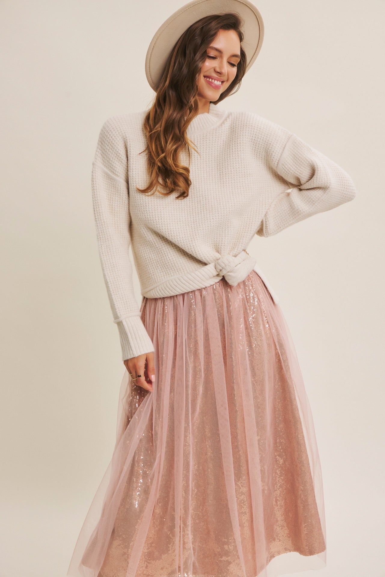 Rose Gold Sequin Mesh Tulle Midi Skirt