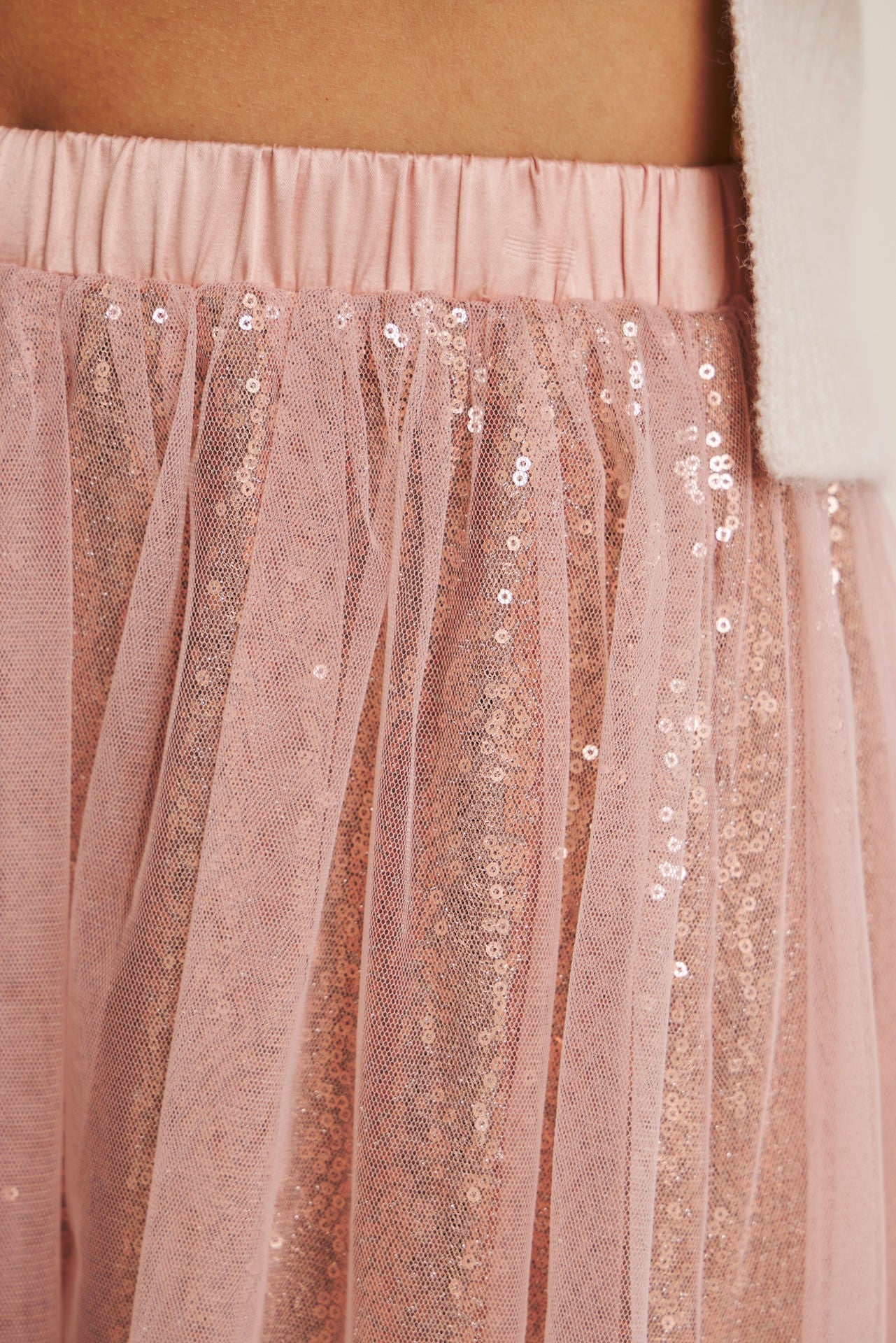 Rose Gold Sequin Mesh Tulle Midi Skirt