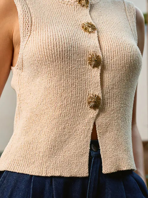 Cream Sweater Vest with Sunburst Buttons (S to 3X)