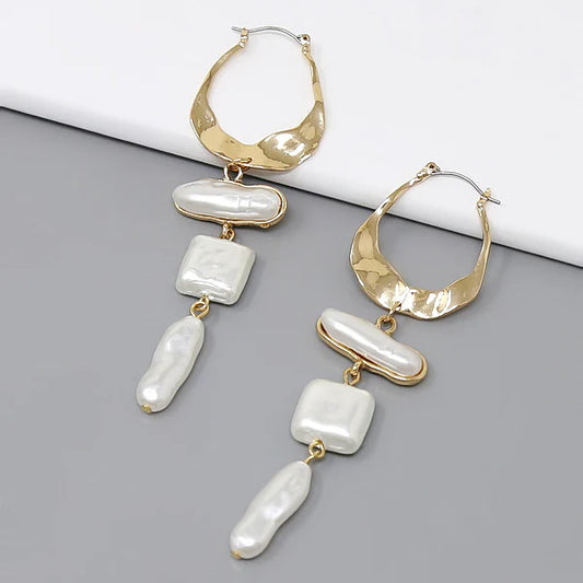 Pearl Bead Drop Textured Hoop Earrings